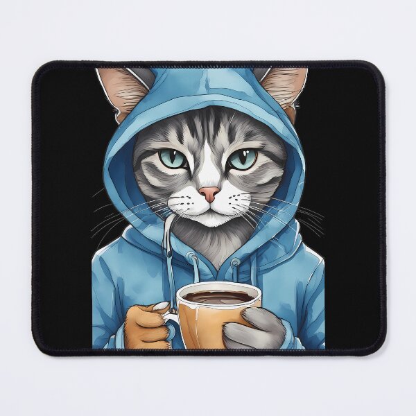 Item preview, Whimsical Cat in Blue Hoodie Drinking Coffee designed and sold by Mechanical-Artt.
