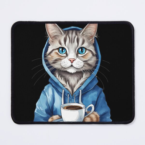 Item preview, Cozy Cat with Blue Hoodie Enjoying Coffee designed and sold by Mechanical-Artt.