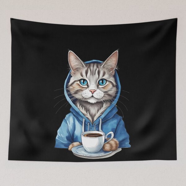 Item preview, Cozy Cat with Blue Hoodie Enjoying Coffee designed and sold by Mechanical-Artt.