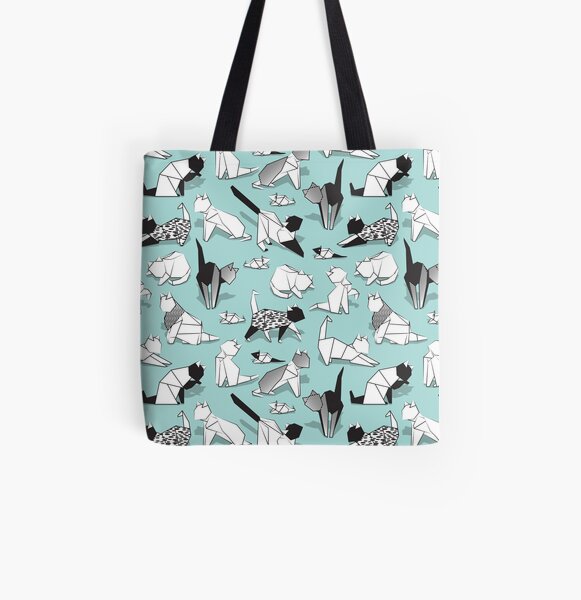 Origami kitten friends // aqua background paper cats All Over Print Tote Bag
