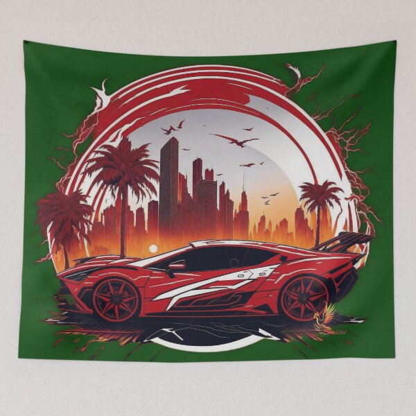 Item preview, Red Sports Car on the Sunset with City Background (Dark Green) designed and sold by AmaziaCo.