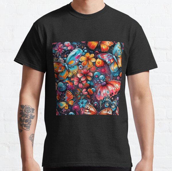 Colorful psychedelic pattern with butterflies, flowers and mushrooms Classic T-Shirt
