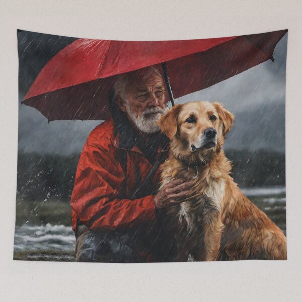Item preview, Old Man with a Beard Holding his Dog Under a Red Umbrella designed and sold by KALEIDOSCOPE UK.