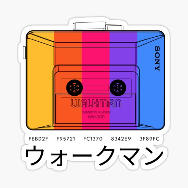 Vista previa del artículo con la obra «Sony walkman vintage con arco iris y letras japonesas y ambiente de los 80», diseñado y vendido por Mongalonga.
