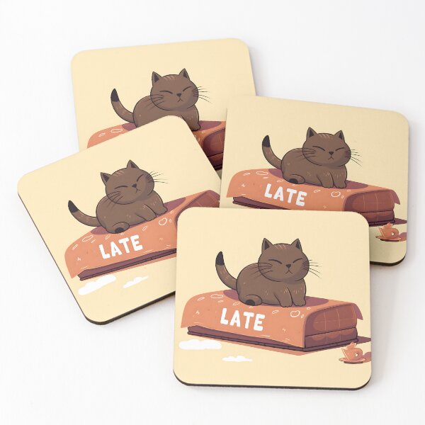 Item preview, chocolate brown cat on a blanket with the word late designed and sold by ArtisimoStudio.