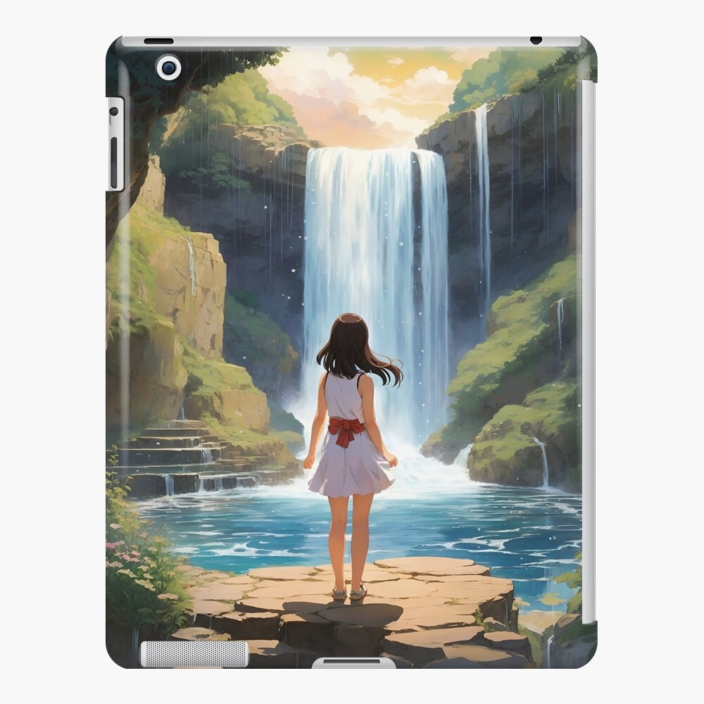 Premium Photo | Anime scenery of a waterfall with pink flowers and rocks  generative ai