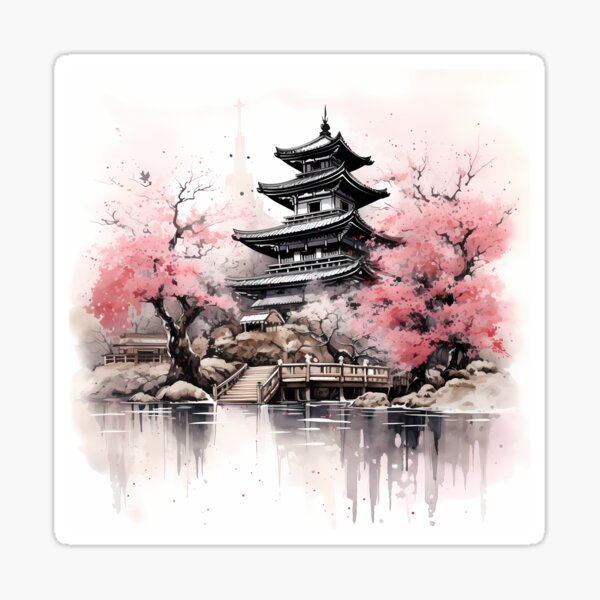 Aperçu de l'œuvre Art de l'encre japonaise, temple japonais sous sakura créée et vendue par herculeng.