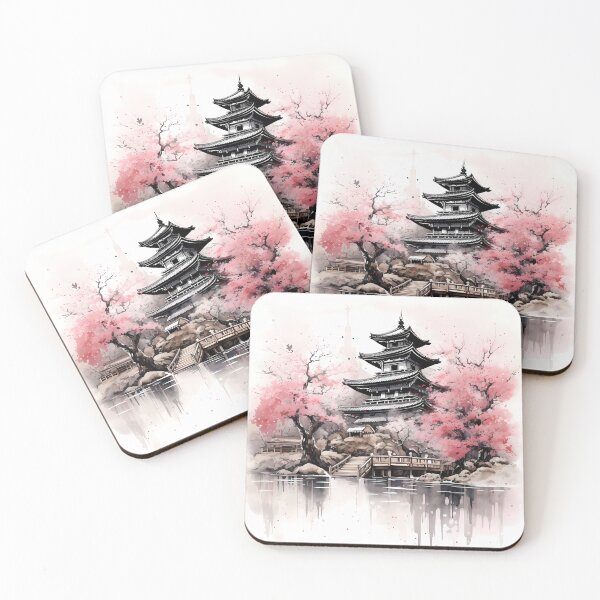 Item preview, Japanese ink art, Japanese temple under sakura designed and sold by sakurashorty.