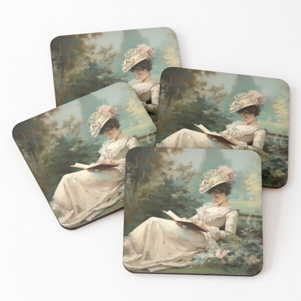 Item preview, Coquette aesthetic vintage painting of a woman reading in nature designed and sold by Coquette Art.