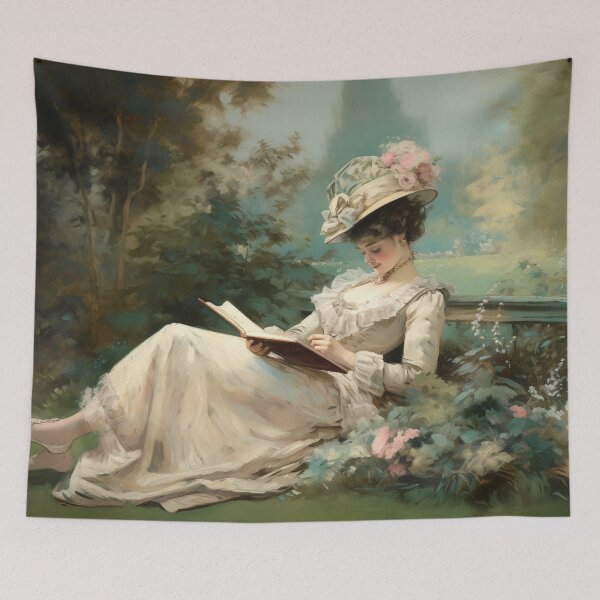Item preview, Coquette aesthetic vintage painting of a woman reading in nature designed and sold by Coquette Art.
