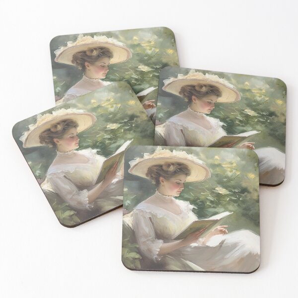 Item preview, Coquette aesthetic vintage painting of a woman reading in nature designed and sold by Coquette Art.