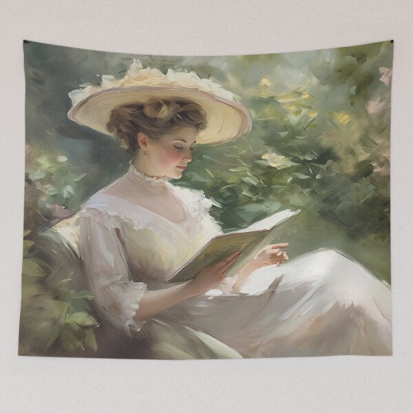 Item preview, Coquette aesthetic vintage painting of a woman reading in nature designed and sold by Coquette Art.