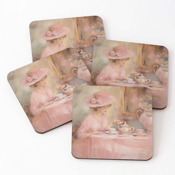 Item preview, Coquette aesthetic vintage painting of a woman having tea designed and sold by Coquette Art.