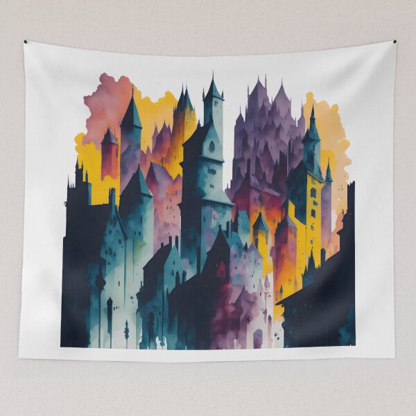 Item preview, Medieval Cityscape Abstarct Colorful Watercolour  designed and sold by MoxieVibe.