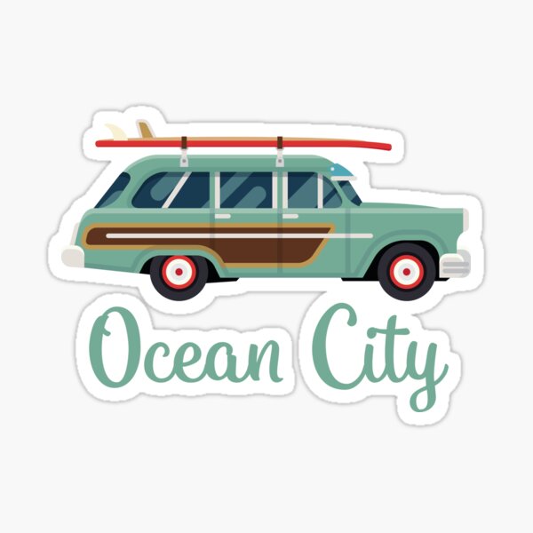 Ocean City Retro Beach Surf Wagon Sticker