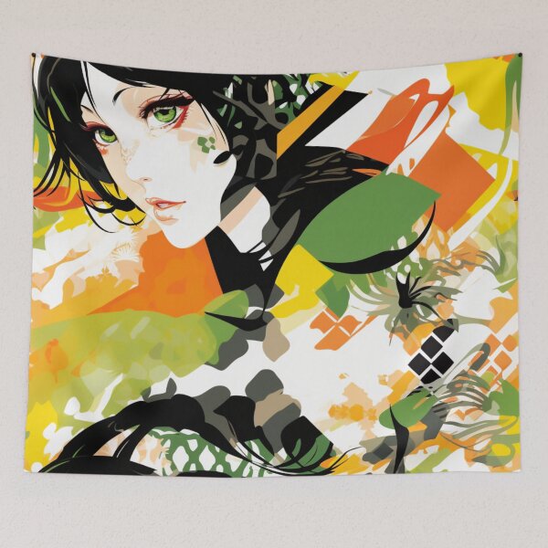Item preview, Colorful fantasy pattern orange green yellow black ornaments girl manga face designed and sold by G-M-Designs.