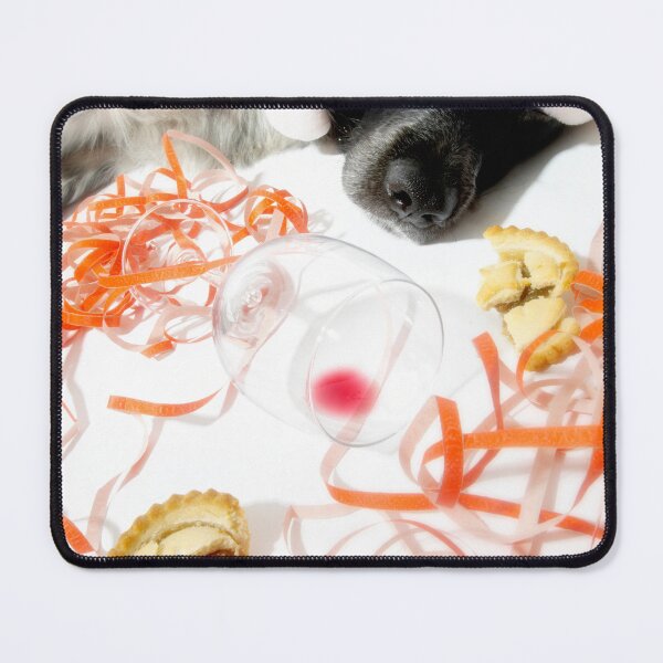 Item preview, Sleeping dog, party aftermath: hat, streamers, empty glasses designed and sold by bailey-cooper.