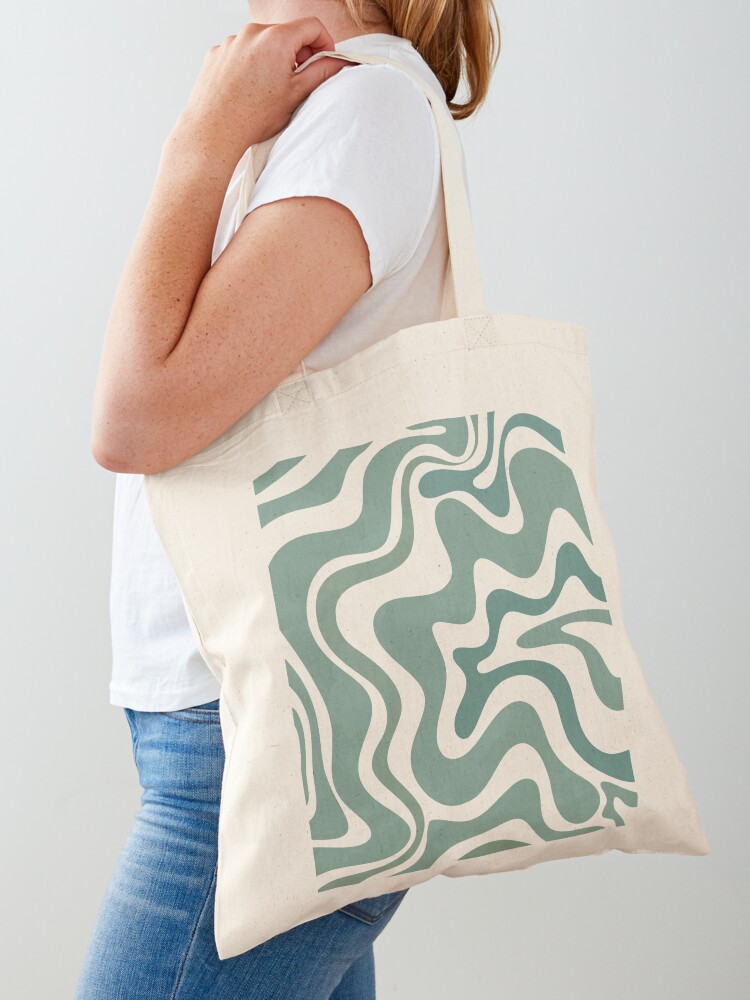 Thumbnail 1 of 5, Tote Bag, Retro Liquid Swirl Abstract Pattern in Eucalyptus Sage Green and Cream Beige designed and sold by kierkegaard.