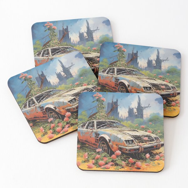Item preview, Landscape of Post Apocalyptic Rusty Ruined Retro Car Overgrown with Flowers in Wasteland with Ruins of City and Nature designed and sold by Je-we.
