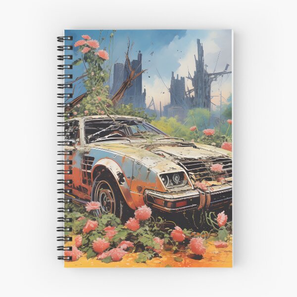 Item preview, Landscape of Post Apocalyptic Rusty Ruined Retro Car Overgrown with Flowers in Wasteland with Ruins of City and Nature designed and sold by Je-we.