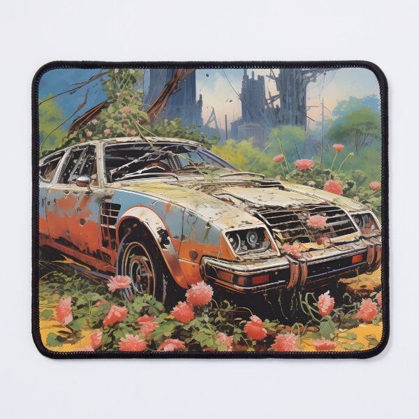 Item preview, Landscape of Post Apocalyptic Rusty Ruined Retro Car Overgrown with Flowers in Wasteland with Ruins of City and Nature designed and sold by Je-we.