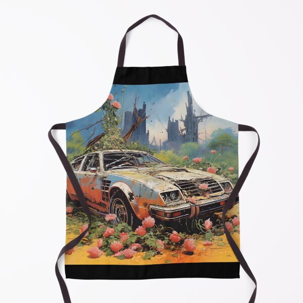 Item preview, Landscape of Post Apocalyptic Rusty Ruined Retro Car Overgrown with Flowers in Wasteland with Ruins of City and Nature designed and sold by Je-we.