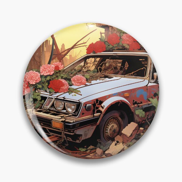Item preview, Landscape of Post Apocalyptic Rusty Ruined Retro Car Overgrown with Red Flowers in Wasteland with Ruins of City designed and sold by Je-we.