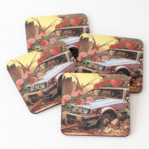 Item preview, Landscape of Post Apocalyptic Rusty Ruined Retro Car Overgrown with Red Flowers in Wasteland with Ruins of City designed and sold by Je-we.