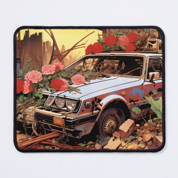 Item preview, Landscape of Post Apocalyptic Rusty Ruined Retro Car Overgrown with Red Flowers in Wasteland with Ruins of City designed and sold by Je-we.