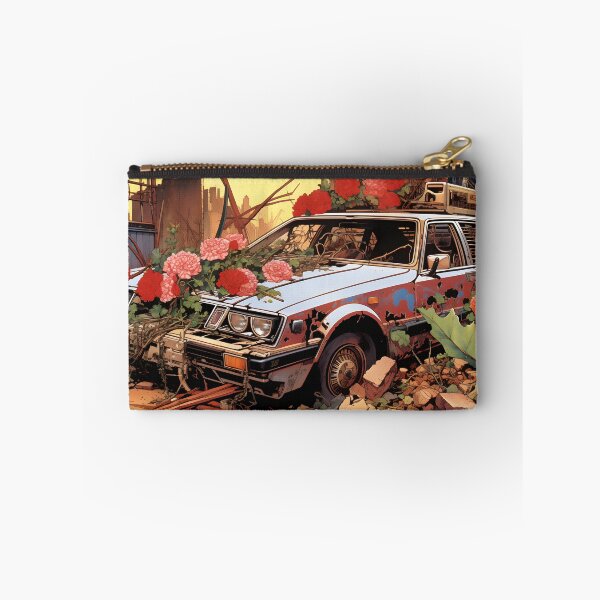 Item preview, Landscape of Post Apocalyptic Rusty Ruined Retro Car Overgrown with Red Flowers in Wasteland with Ruins of City designed and sold by Je-we.
