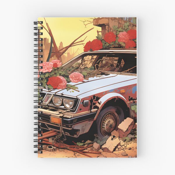 Item preview, Landscape of Post Apocalyptic Rusty Ruined Retro Car Overgrown with Red Flowers in Wasteland with Ruins of City designed and sold by Je-we.