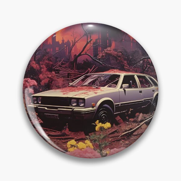 Item preview, Landscape of Post Apocalyptic Ruined Retro Car Overgrown with Pink Flowers in Wasteland with Ruins of City in Fire designed and sold by Je-we.