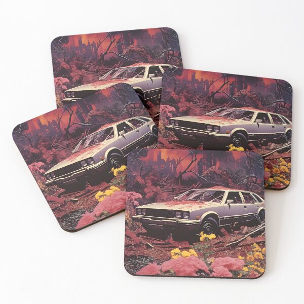 Item preview, Landscape of Post Apocalyptic Ruined Retro Car Overgrown with Pink Flowers in Wasteland with Ruins of City in Fire designed and sold by Je-we.