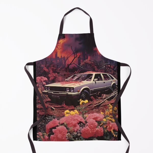 Item preview, Landscape of Post Apocalyptic Ruined Retro Car Overgrown with Pink Flowers in Wasteland with Ruins of City in Fire designed and sold by Je-we.
