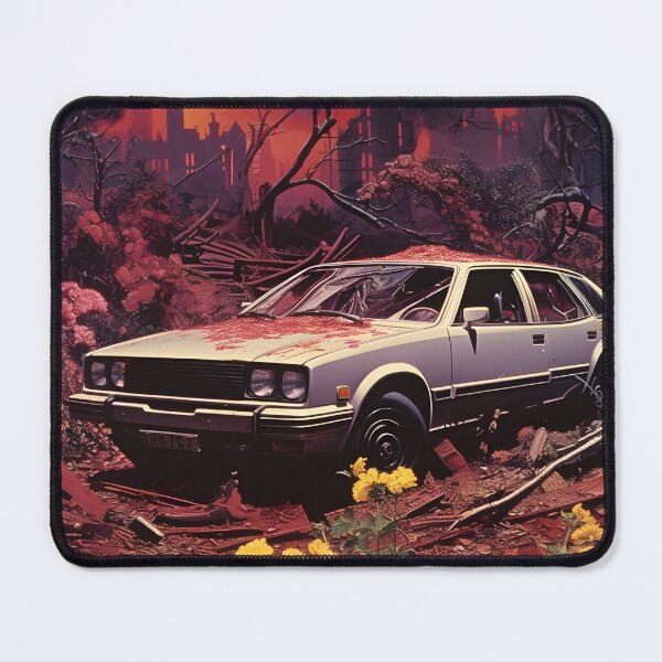 Item preview, Landscape of Post Apocalyptic Ruined Retro Car Overgrown with Pink Flowers in Wasteland with Ruins of City in Fire designed and sold by Je-we.