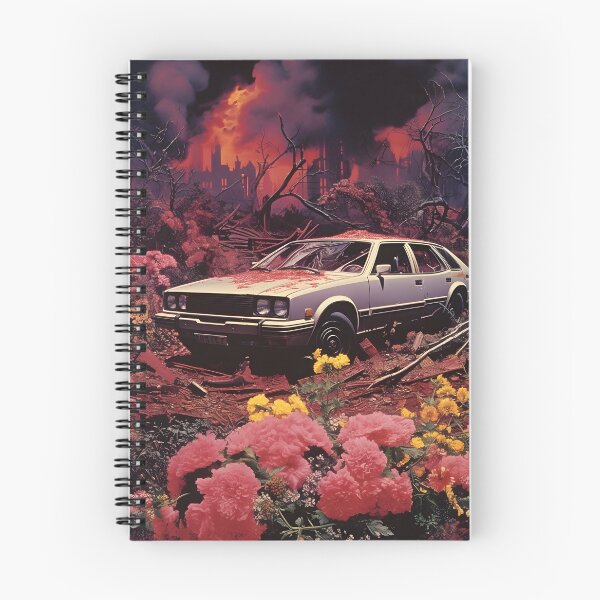 Item preview, Landscape of Post Apocalyptic Ruined Retro Car Overgrown with Pink Flowers in Wasteland with Ruins of City in Fire designed and sold by Je-we.