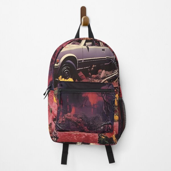 Item preview, Landscape of Post Apocalyptic Ruined Retro Car Overgrown with Pink Flowers in Wasteland with Ruins of City in Fire designed and sold by Je-we.