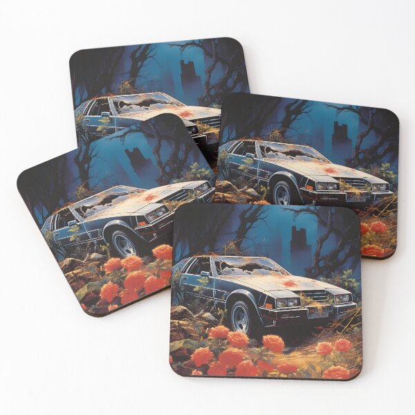 Item preview, Landscape of Post Apocalyptic Ruined Retro Car Overgrown with Red Flowers in Night Wasteland with Ruins of City designed and sold by Je-we.