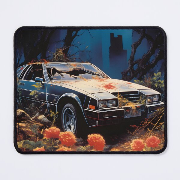 Item preview, Landscape of Post Apocalyptic Ruined Retro Car Overgrown with Red Flowers in Night Wasteland with Ruins of City designed and sold by Je-we.