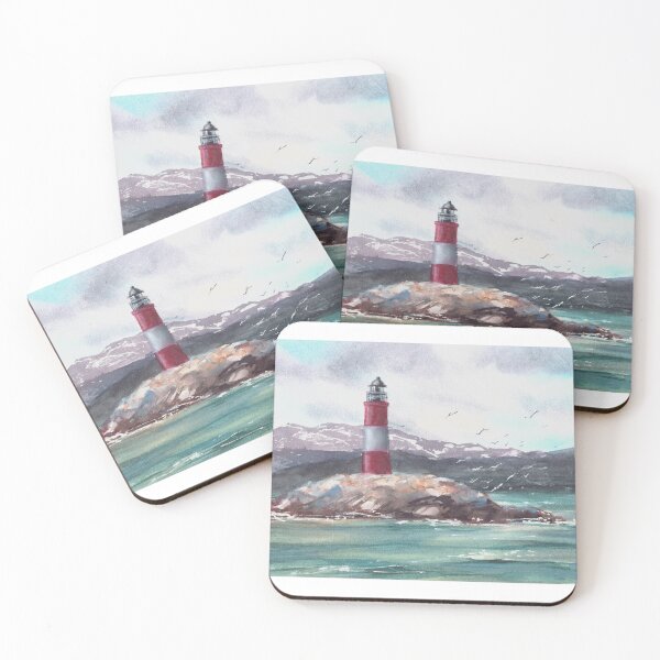Item preview, Seascape Les Eclaireurs Lighthouse Beagle channel near Ushuaia Watercolor illustration hand painted designed and sold by BartolArt.