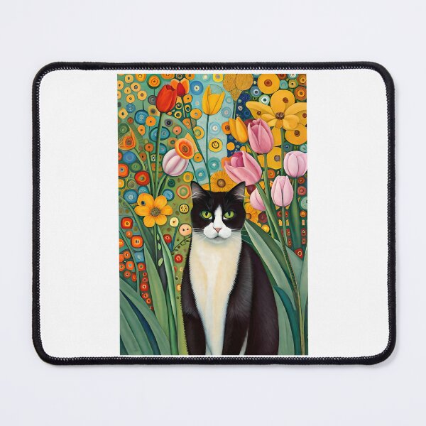 Item preview, Black and White Cat, Gustav Klimt Garden, Tulips, Cat Art, Floral Print, Funny Cat print, Funny gift designed and sold by HeartConcub.