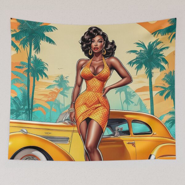 Item preview, "Retro Elegance: Ebony Pin-Up Girl in Havana in Front of a Yellow Vintage Car designed and sold by zotilus.