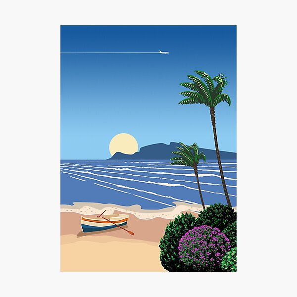Cyprus. Beach with boat, sunrise — City Pop art, retrowave/vaporwave poster Photographic Print