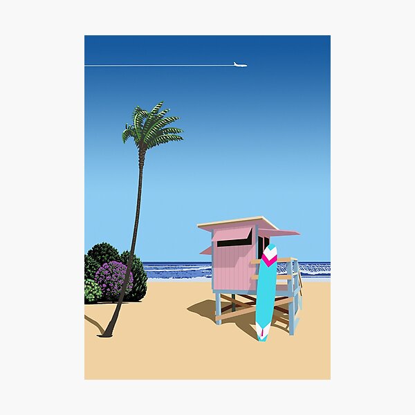 California, USA. Surf beach — City Pop art, retrowave/vaporwave poster Photographic Print