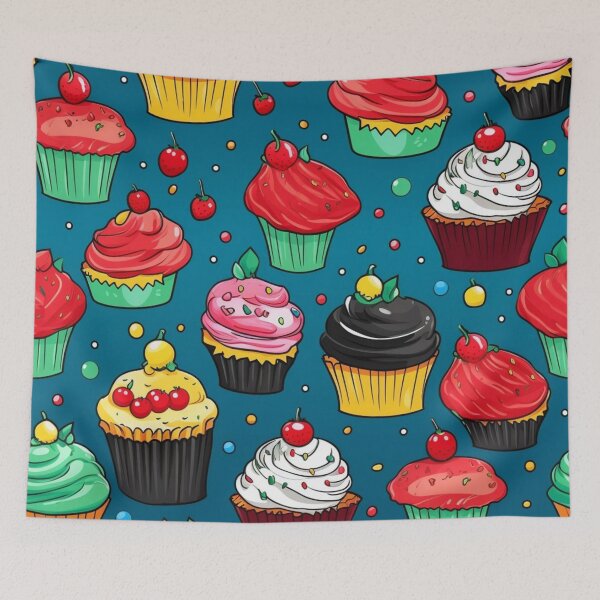 Item preview, Colorful fantasy pattern blue pink red beige yellow white black ornaments cupcakes designed and sold by G-M-Designs.