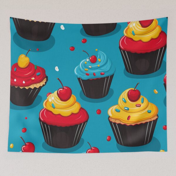 Item preview, Colorful fantasy pattern blue red yellow white black ornaments cupcakes designed and sold by G-M-Designs.