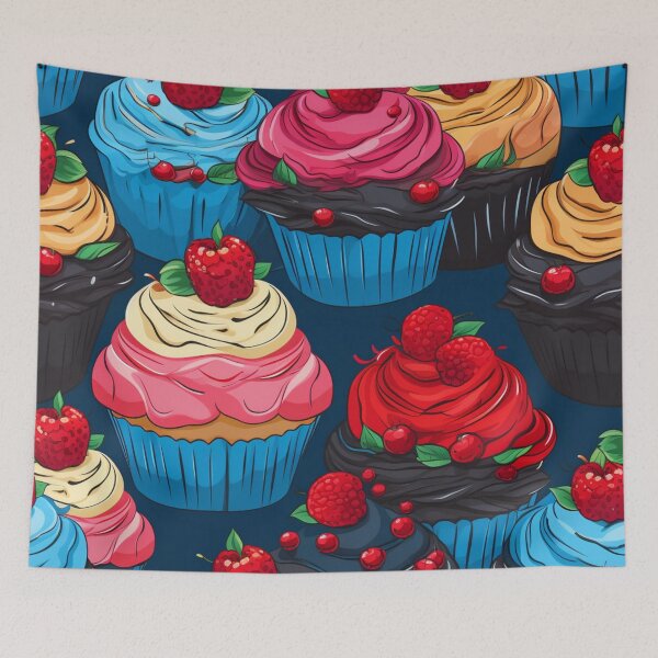Item preview, Colorful fantasy pattern blue red pink cream yellow white black ornaments cupcakes designed and sold by G-M-Designs.