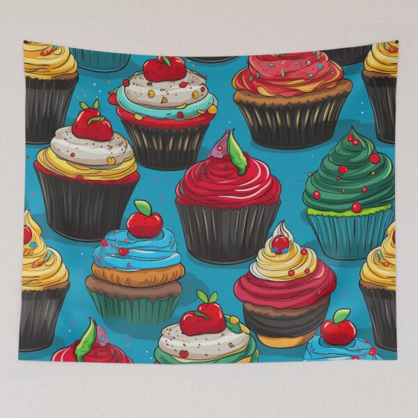 Item preview, Colorful fantasy pattern blue red pink green cream yellow white black ornaments cupcakes designed and sold by G-M-Designs.