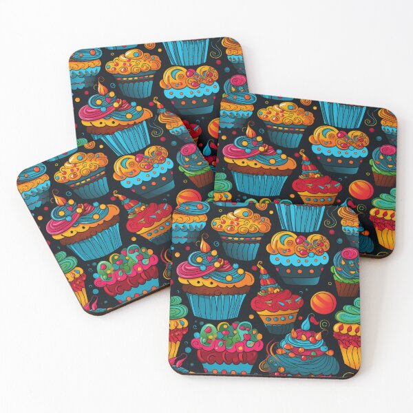 Item preview, Colorful fantasy pattern blue red pink green cream yellow white black ornaments cupcakes designed and sold by G-M-Designs.