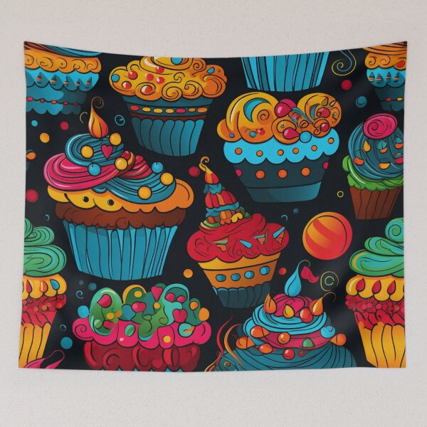 Item preview, Colorful fantasy pattern blue red pink green cream yellow white black ornaments cupcakes designed and sold by G-M-Designs.